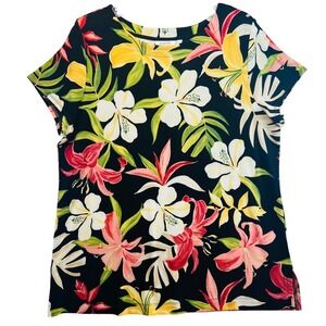 Chicos Womens Tropical Floral Hibiscus Print Short Sleeve Top Black XL BT1310-05